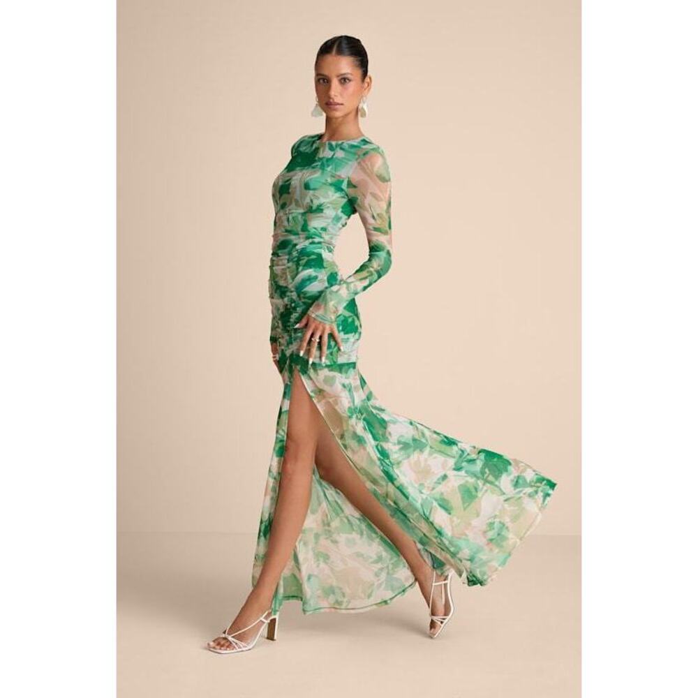 Lulus Vibrant Poise Green Floral Print Mesh Ruched Maxi Dress - Size M